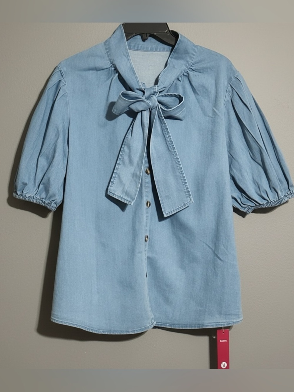 Women’s XL Blue Denim Blouse Bow Puffy Sleeves Botton Up Shirt Cotton Blend NEW